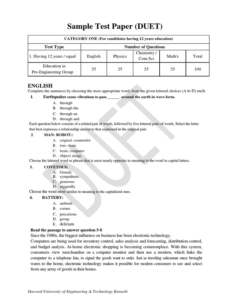 DUET Sample Test Paper Overview | PDF | Chemical Elements | Gases