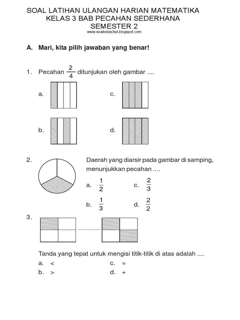 Soal Ulhar Matematika Kelas 3 Bab Pecahan Sederhana Semester 2 Pdf