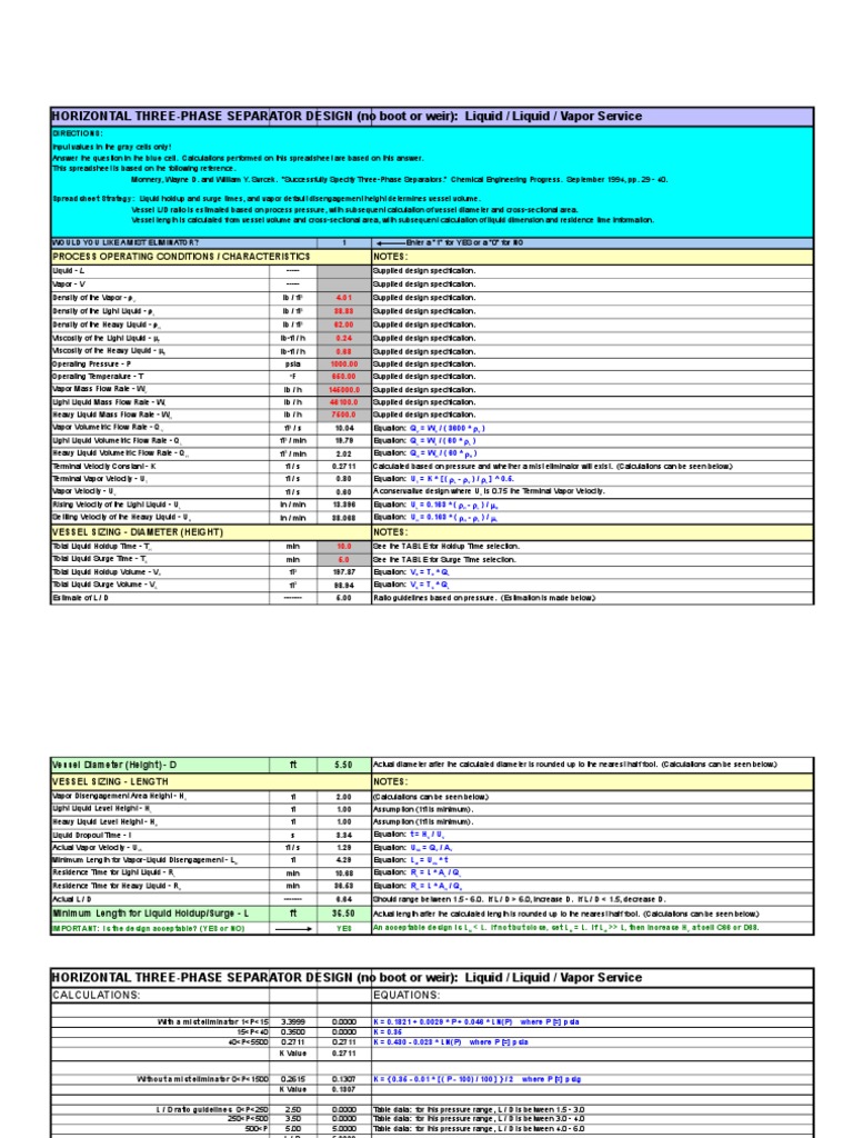 ThreePhase Separator Design Calculations for Horizontal Vessel with LiquidLiquidVapor Service