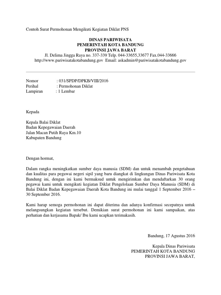 Contoh Surat Permohonan Mengikuti Kegiatan Diklat PNS | PDF