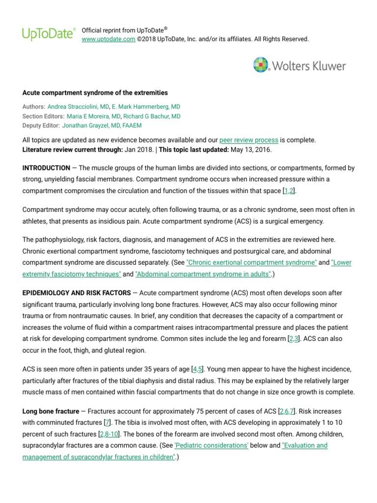 Acute Compartment Syndrome of The Extremities UpToDate PDF Blood