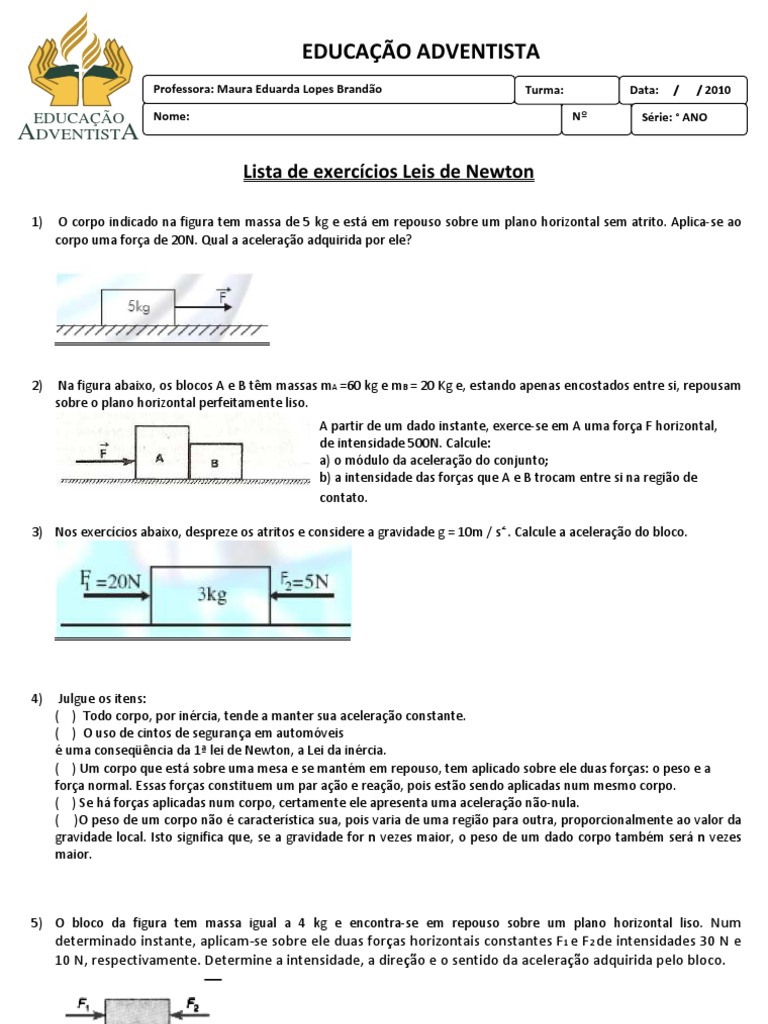 lista de exercícios Leis de Newton_versão site | Leis do Movimento de ...