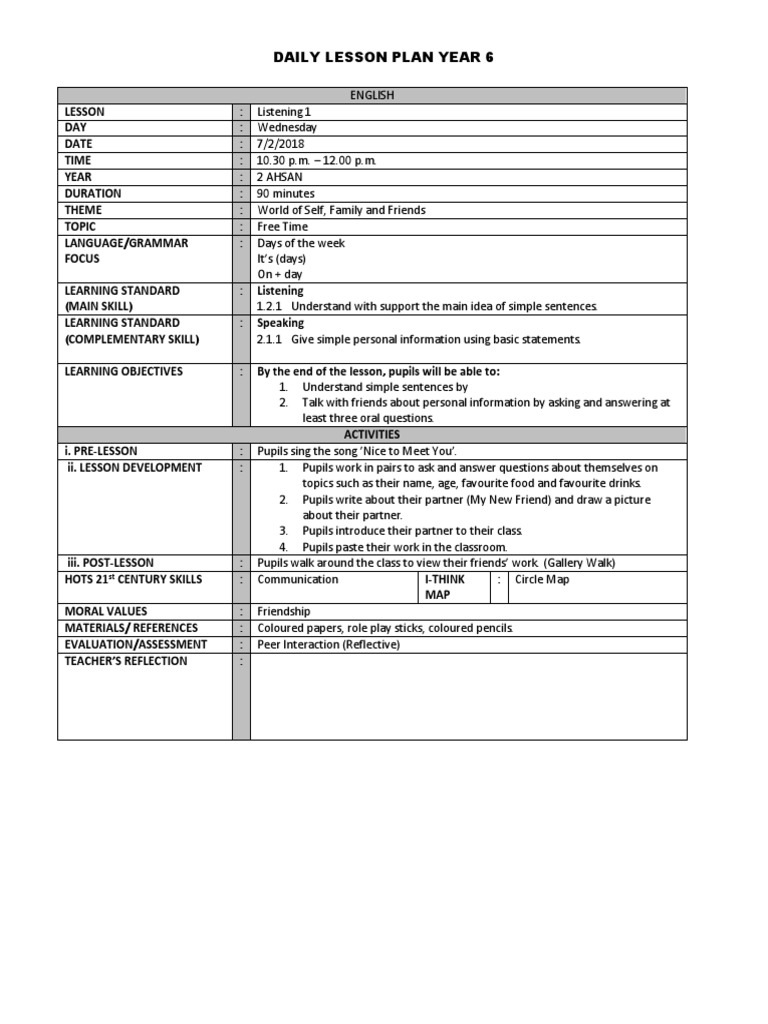 Year 2 English Lesson Plan: Free Time | PDF | Language Arts & Discipline