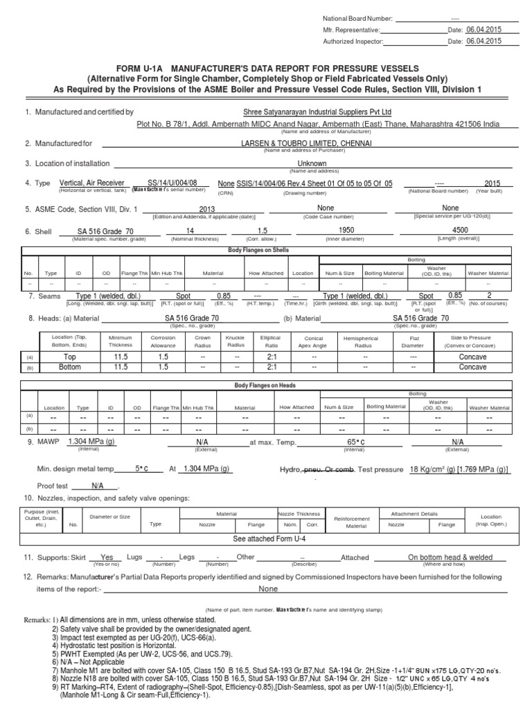ASME Form U-1A for Pressure Vessel | PDF | Gas Technologies ...