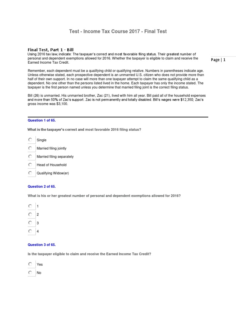 Final Exam Tax Preparer 2017 Earned Tax Credit Taxpayer