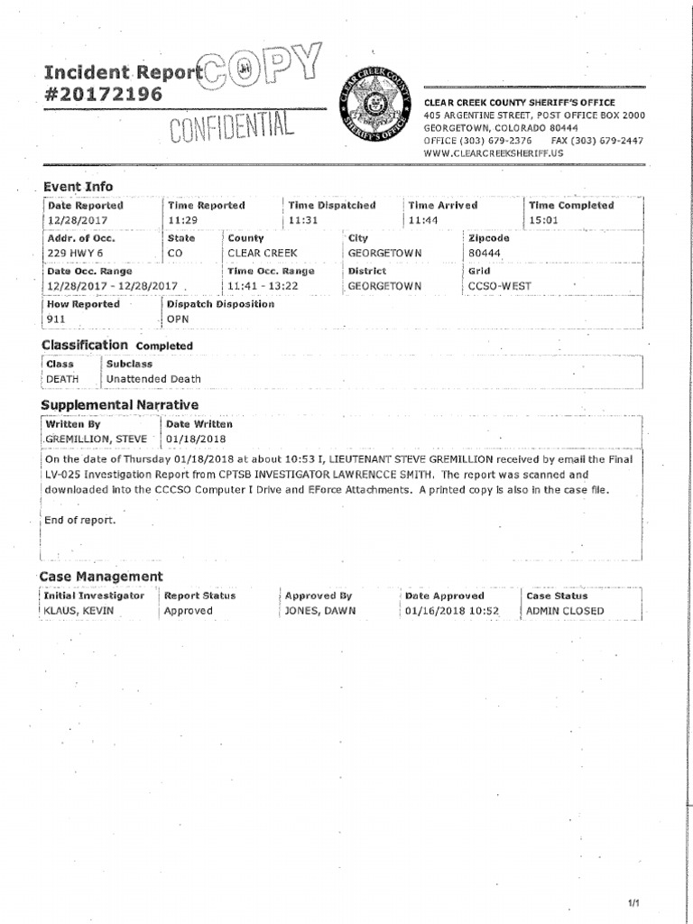 Adam Lee: Clear Creek County Sheriff's Office Incident Report