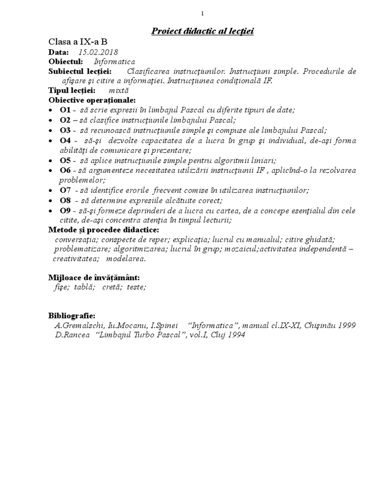 Proiect Didactic Informatica Clasa 9 | PDF