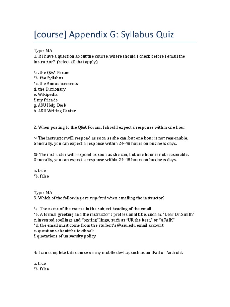Appendix G Syllabus Quiz PDF Syllabus Plagiarism