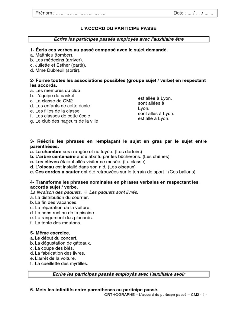 Exercices Accord Participe Passé Cm2 à Imprimer 22.l Accord Du Participe Passe Ex | PDF | Sujet (Grammaire) | Grammaire
