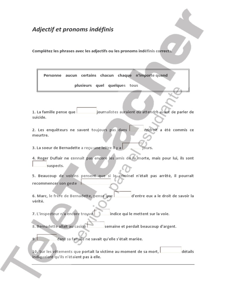 Exercices sur adjectifs et pronoms indéfinis | PDF