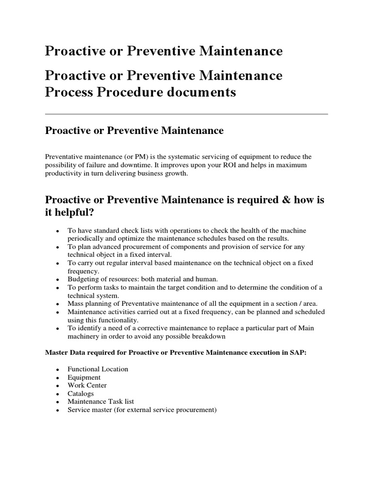 Proactive or Predictive or Preventive Maintanance Process Procedure