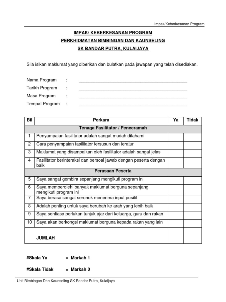 Borang Kaji Selidik Impak Keberkesanan Program