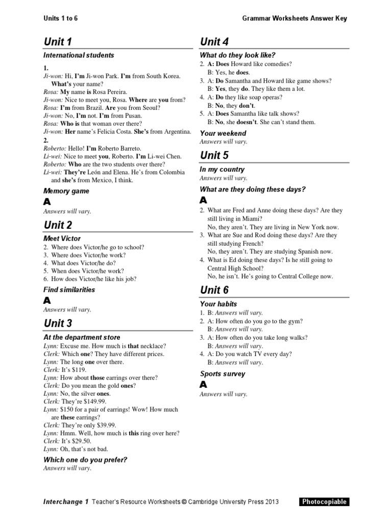 Interchange4thed Level1 Grammar Worksheets Answerkey Pdf Leisure