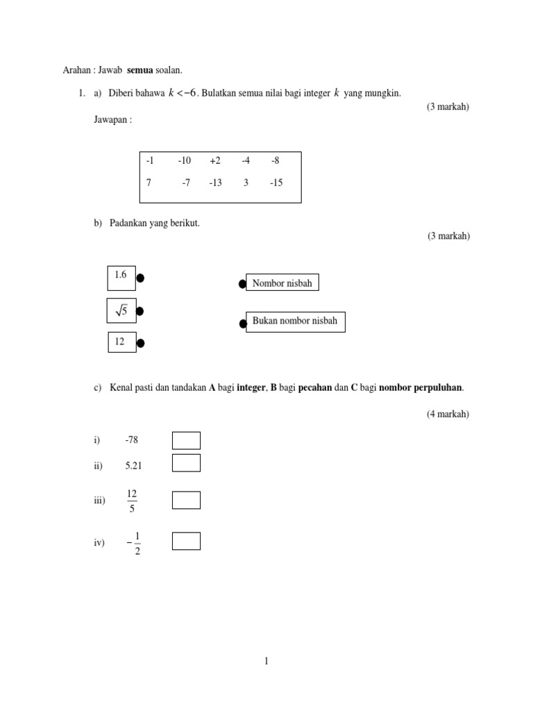Soalan Matematik Tingkatan 1 Pdf