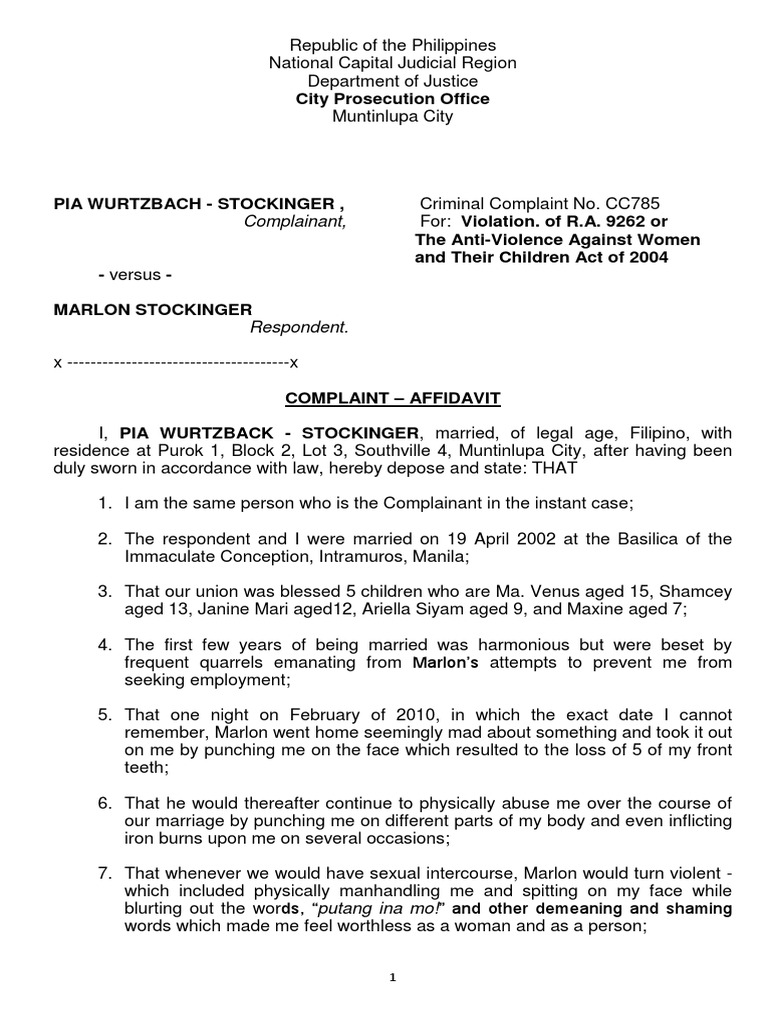 Complaint Affidavit RA 9262 Violence Misconduct