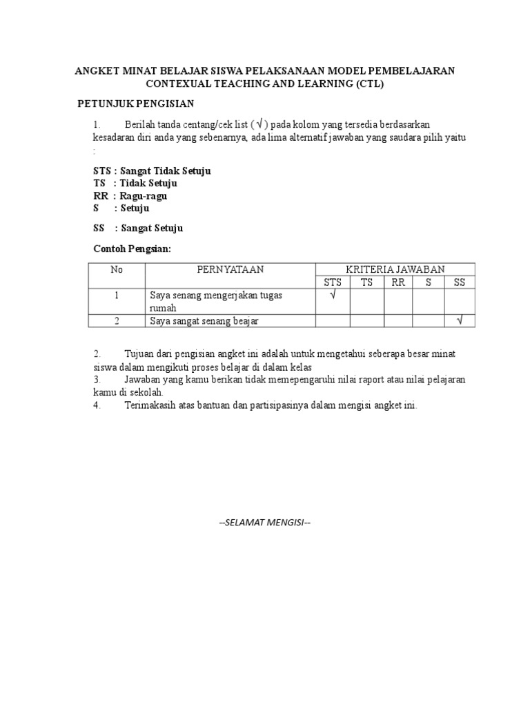 Contoh Angket Minat Belajar Siswa Bagikan Contoh