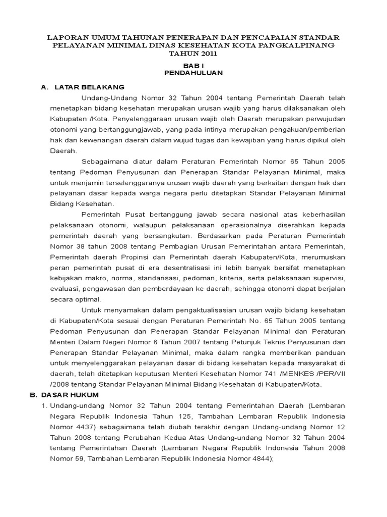 354751650 1 Contoh Laporan Umum Tahunan Penerapan Dan Pencapaian Standar Pelayanan Minimal Dinas Kesehatan Kota Pangkalpinang Tahun 2011 Doc