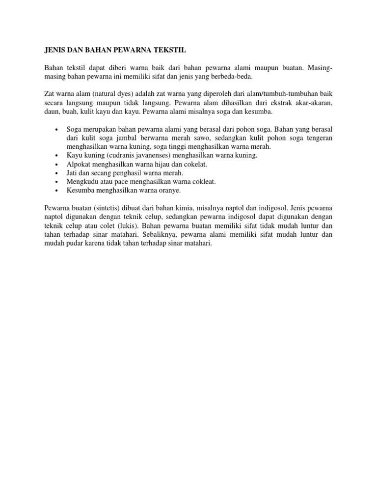 Jenis Dan Bahan Pewarna Tekstil