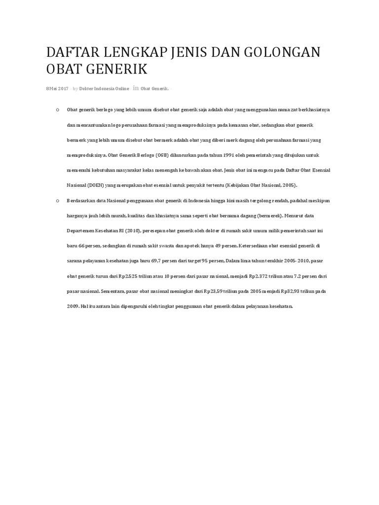 Daftar Lengkap Jenis Dan Golongan Obat Generik | PDF