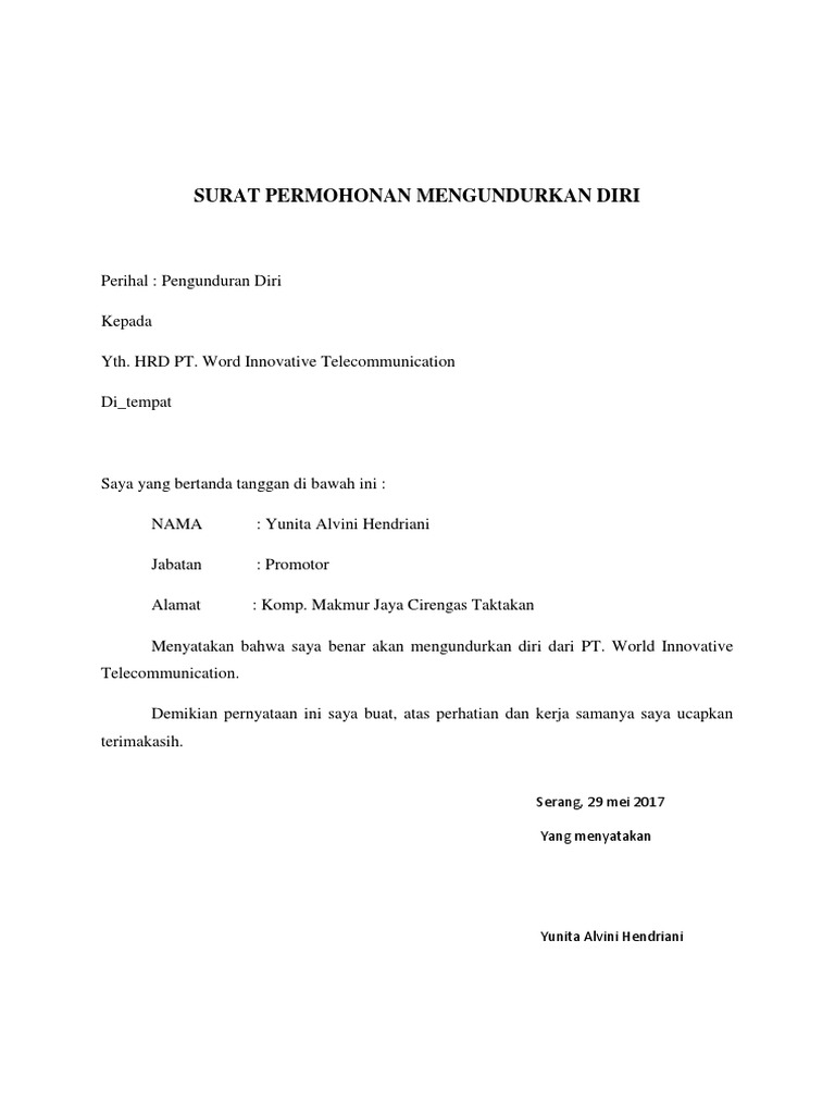 Contoh Surat Resign Kerja Pt Nusagates