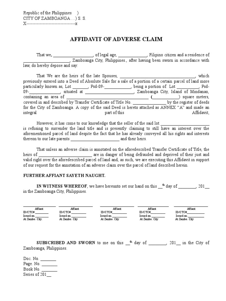 Affidavit of Adverse Claim Sample | PDF | Affidavit | Private Law