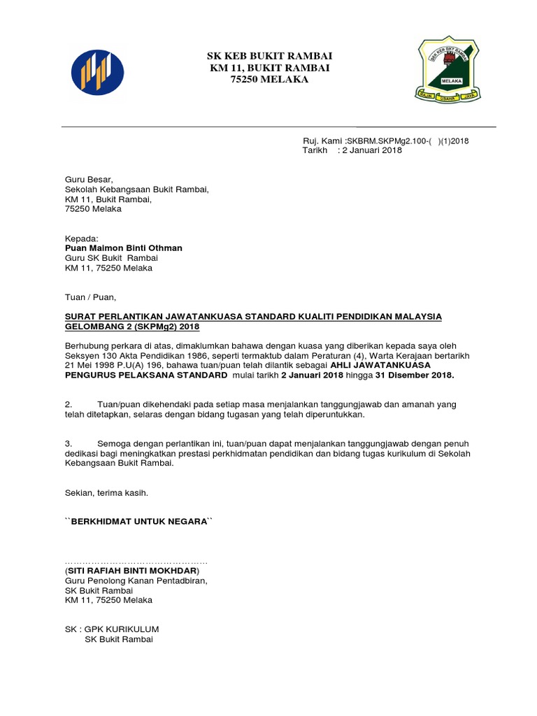 Contoh Surat Perlantikan Jawatankuasa Hem
