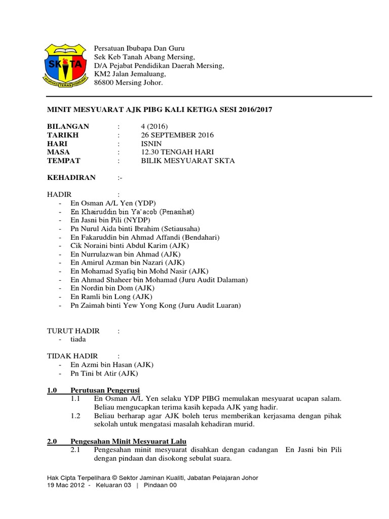 Minit Mesyuarat Ajk Pibg Kali 4 2016