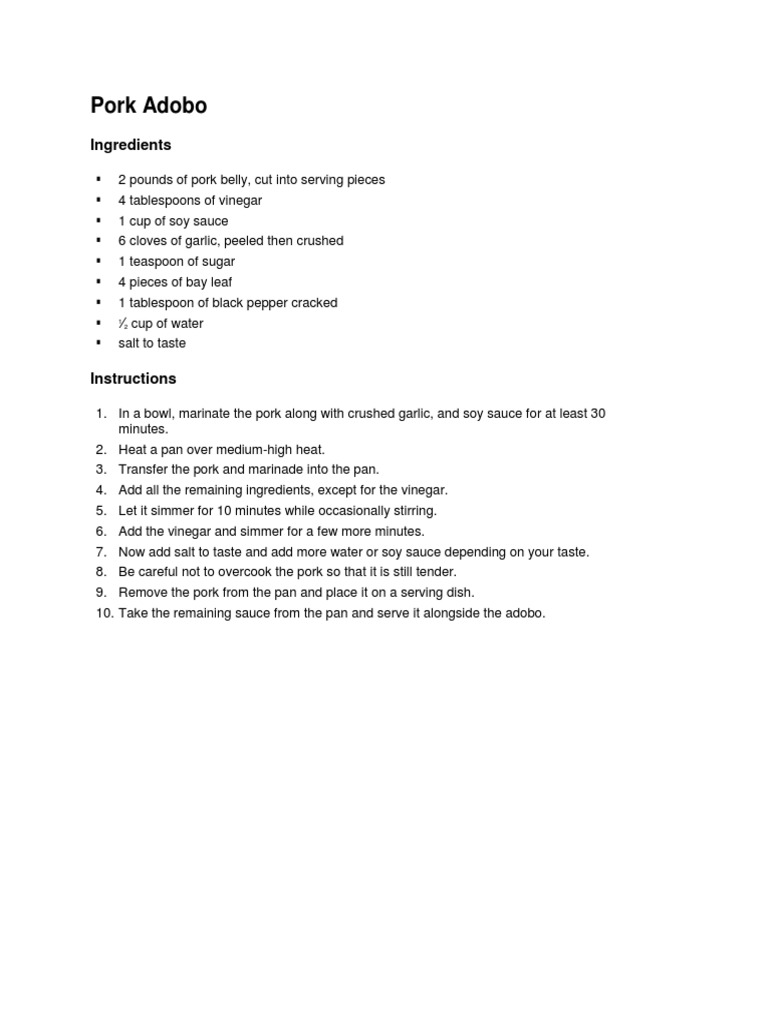 Pork Adobo Ingredients PDF