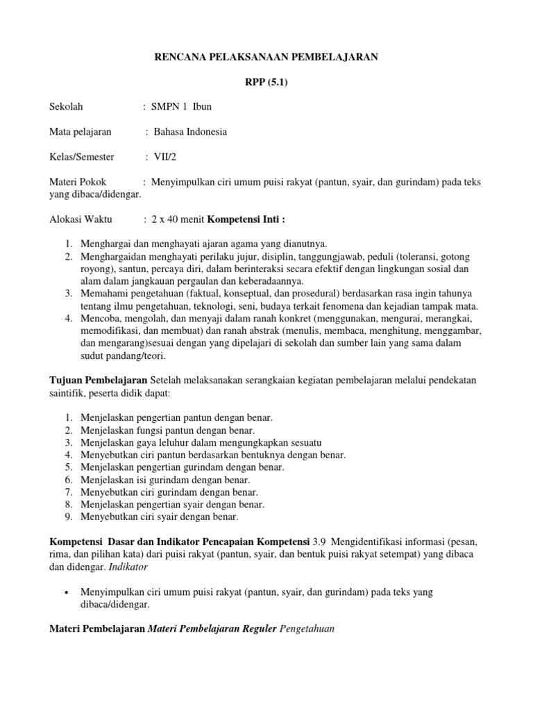 Rpp Puisi Rakyat ( Pantun )