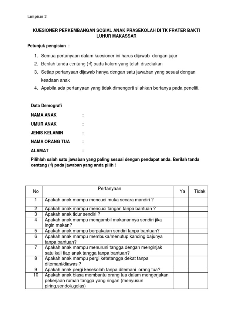 KUESIONER PERKEMBANGAN SOSIAL ANAK PRASEKOLAH DI TK FRATER BAKTI LUHUR