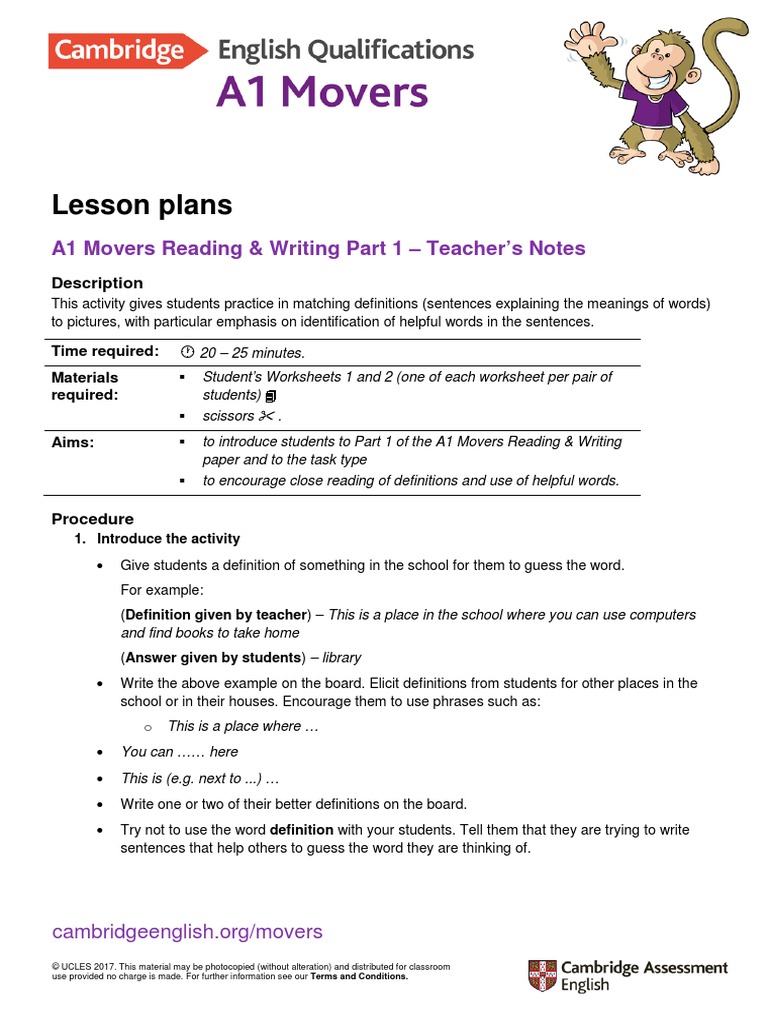 A1 Movers 2018 Lesson Plan Reading And Writing Part 1 Pdf Lesson