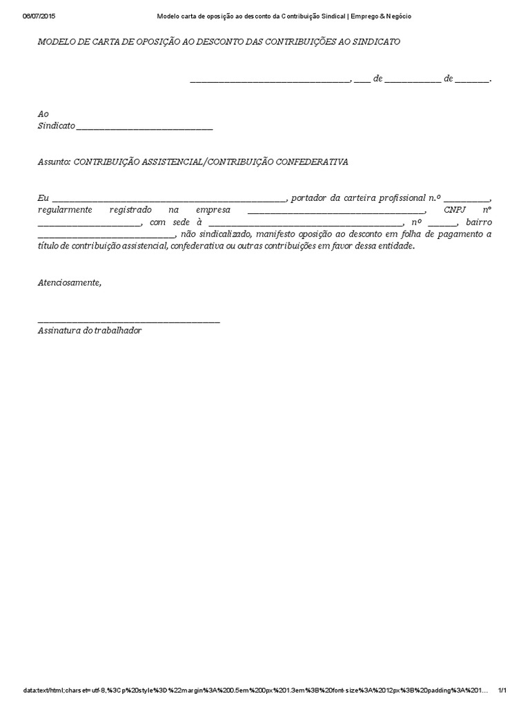 Modelo Carta de Oposição Ao Desconto Da Contribuição Sindical Emprego