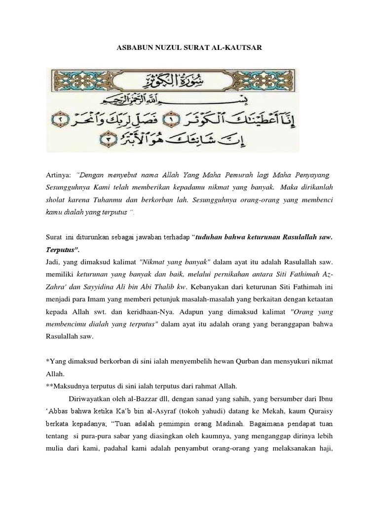 Asbabun Nuzul Surat Alkautsar