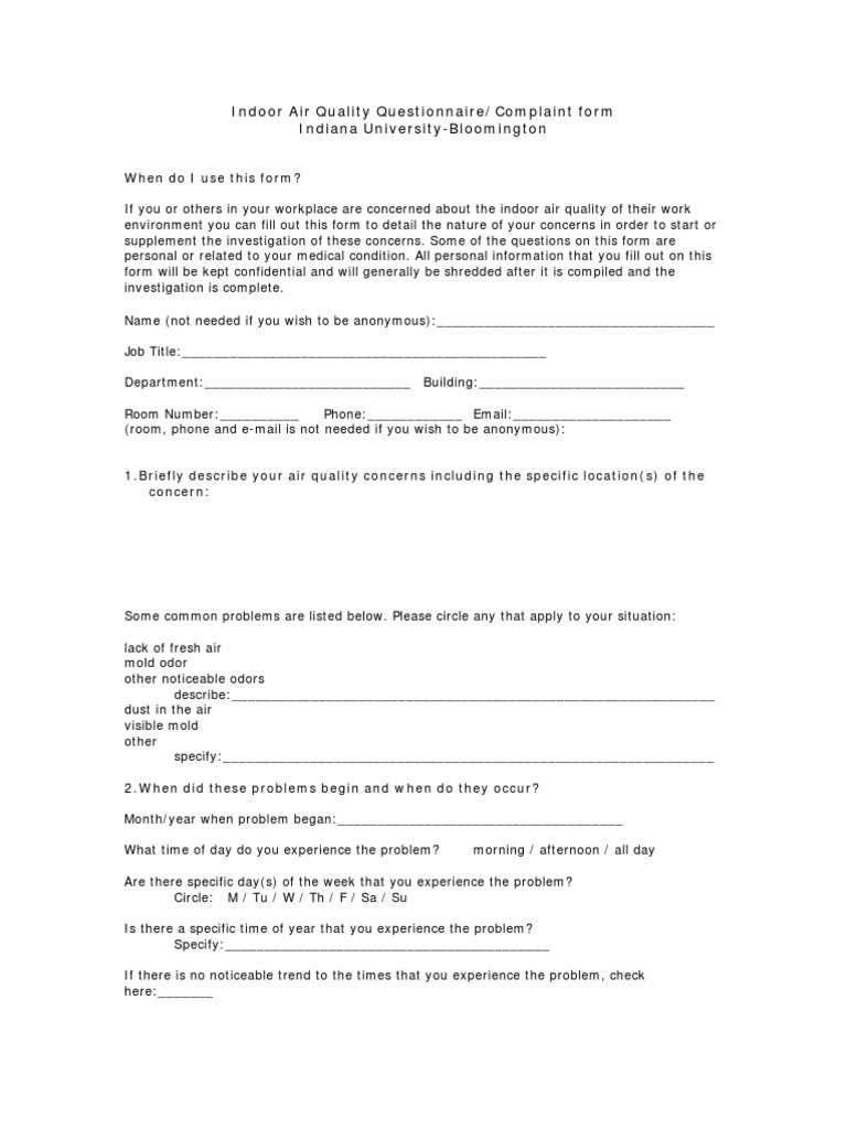 Indoor Air Quality Questionnaire PDF Common Cold Medicine