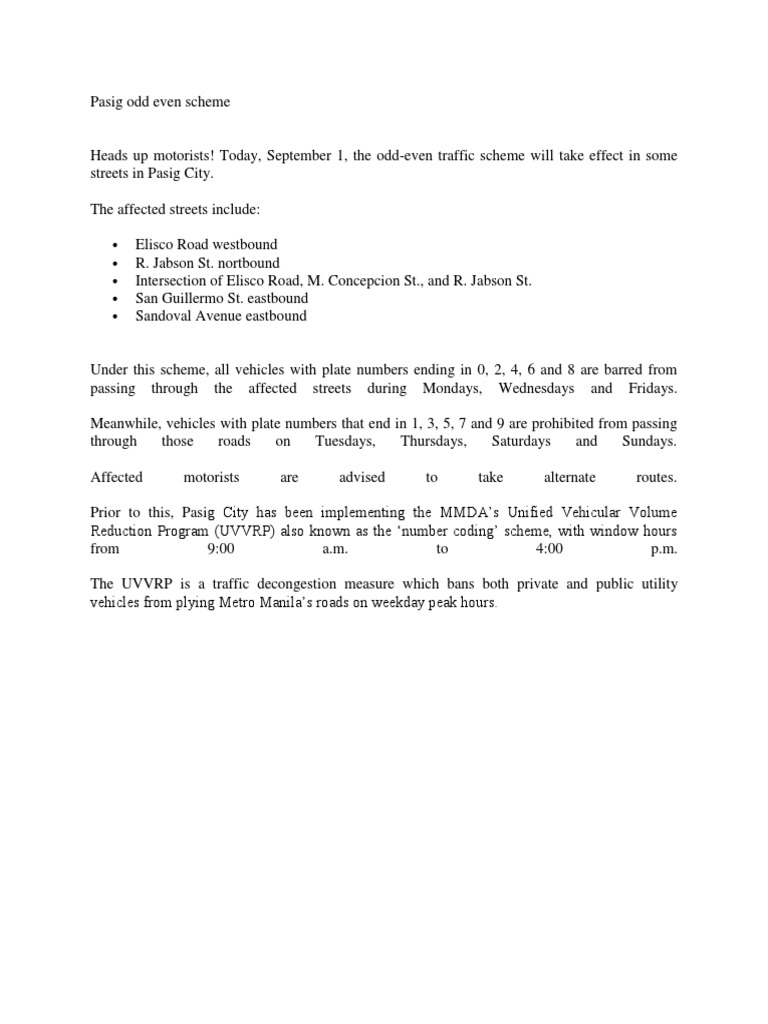 Pasig Odd Even Scheme | PDF | Transport | Metro Manila