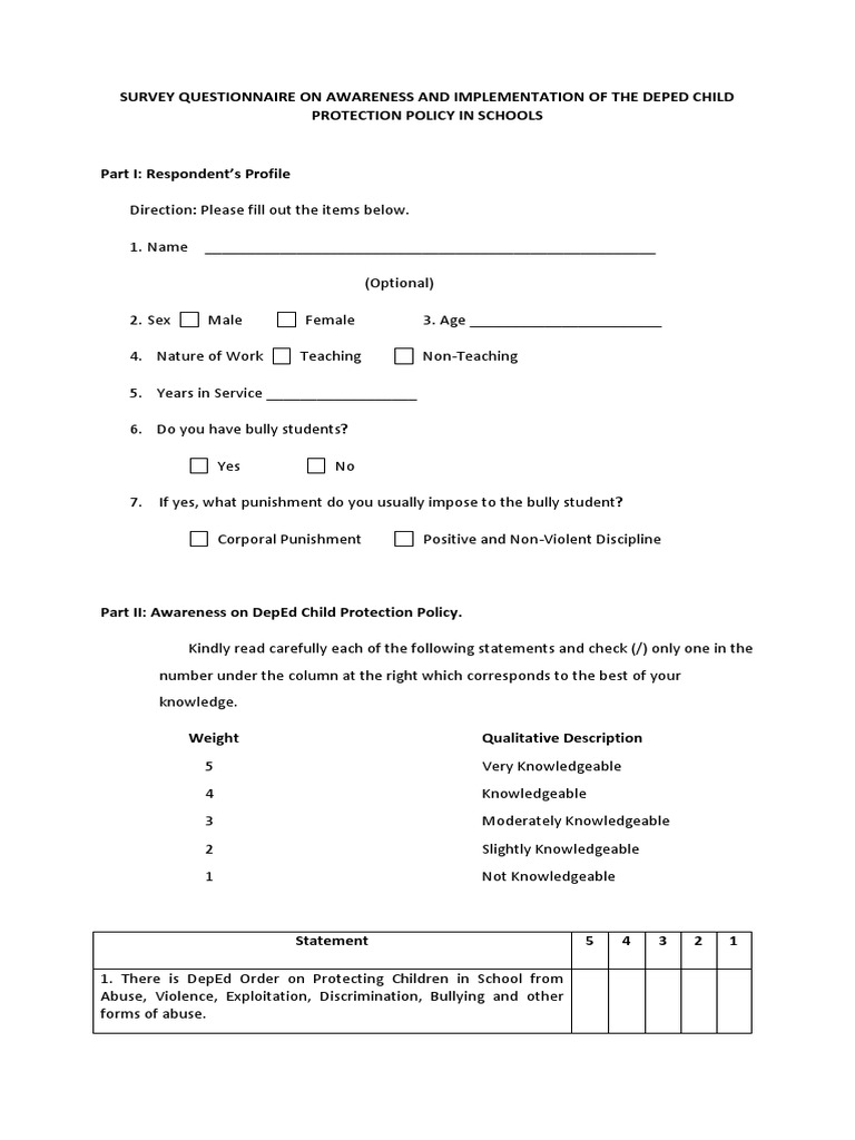 Survey Questionnaire for Deped Child Protection Policy Child