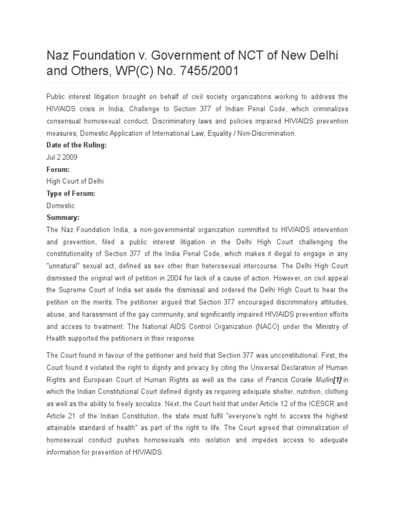 Naz Foundation Vs NCT of Delhi PDF Law And Economics Government