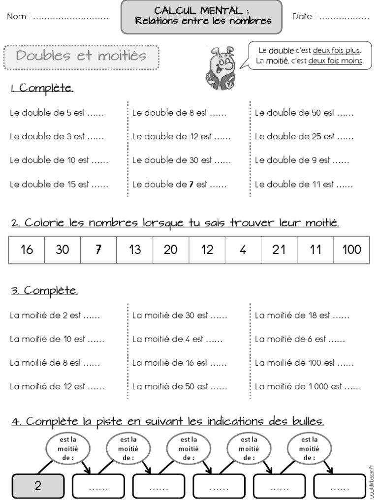 Exercice Double Et Moitié Ce1 Pdf Exos Doubles Et Moitiés 1 | PDF | Échecs | Jeux et activités