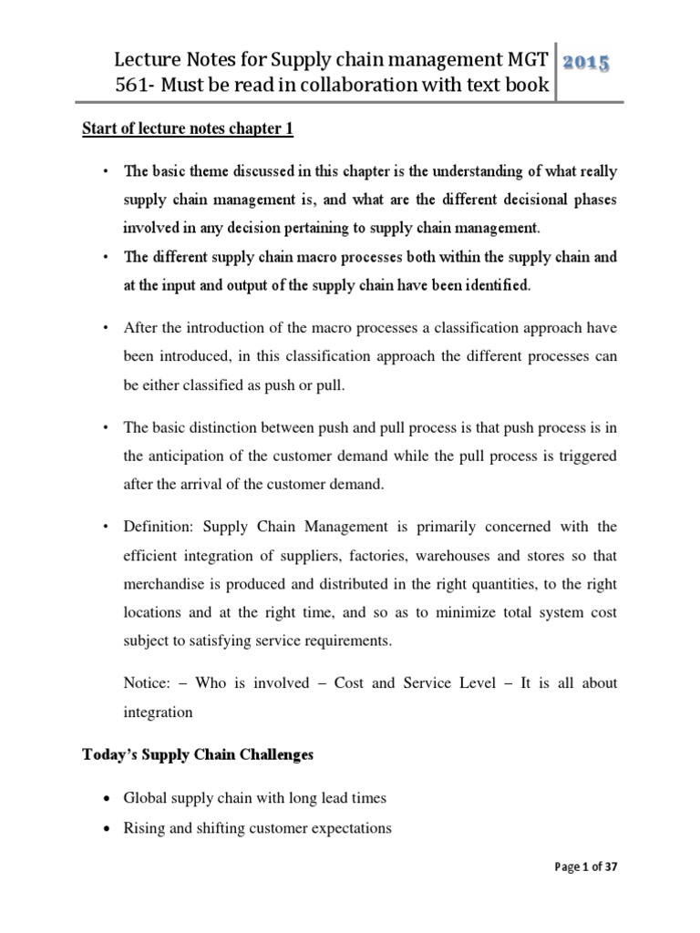 Lecture Notes Pdf Supply Chain Supply Chain Management