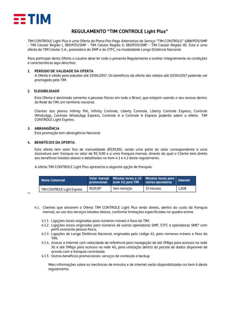 Regulamento TIM Controle Light Plus | PDF | Cartão de crédito | 4G