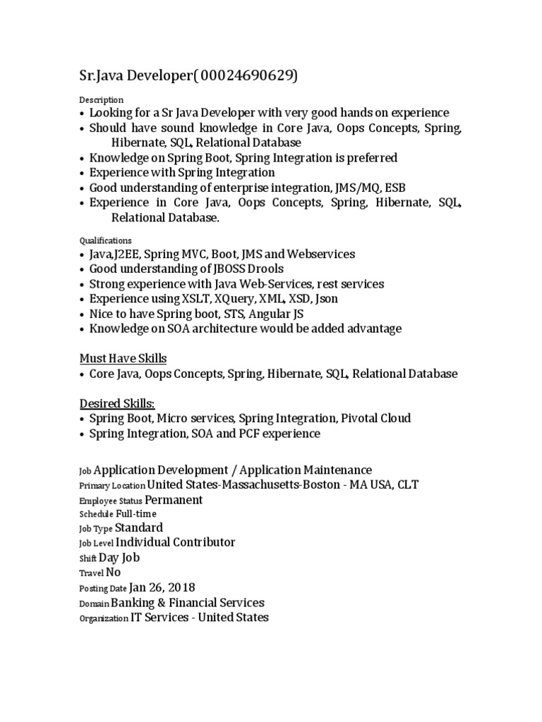 SR - Java Developer (00024690629) : Description | PDF