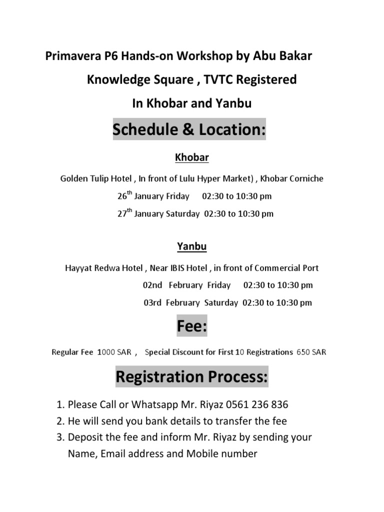 Primavera P6 Training Details And Course Contents In Khobar And Yanbu