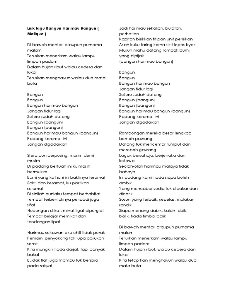 Lirik Lagu Bangun Harimau Bangun Pdf