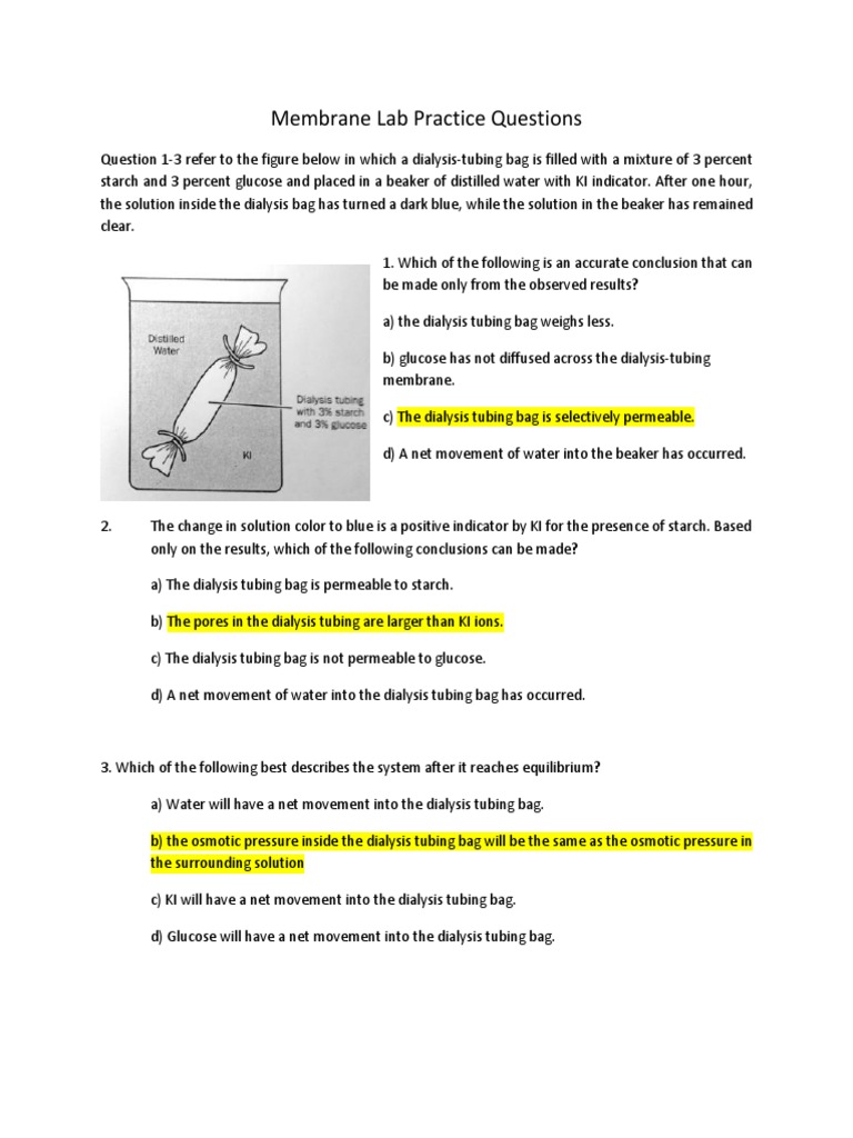 Membrane Lab Practice Questions Answers Osmosis Cell Biology
