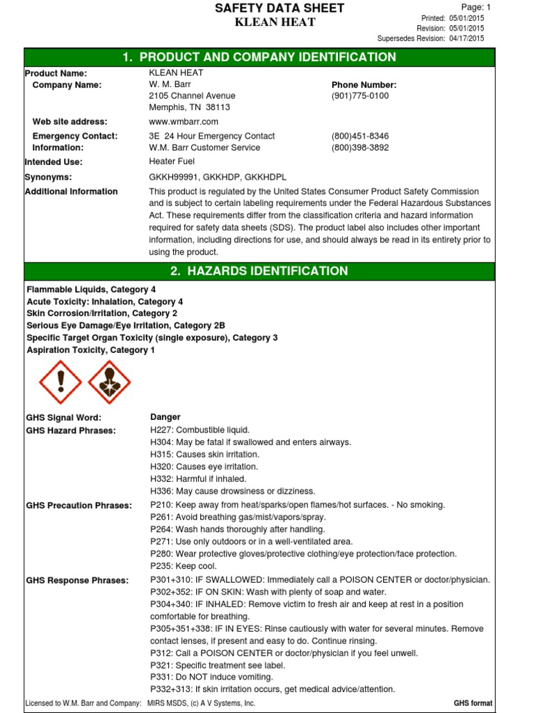Klean Heat Kerosene Sds PDF Personal Protective Equipment Toxicity