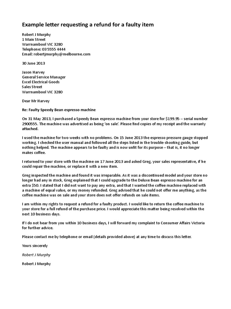 Example Letter Requesting A Refund For A Faulty Item PDF