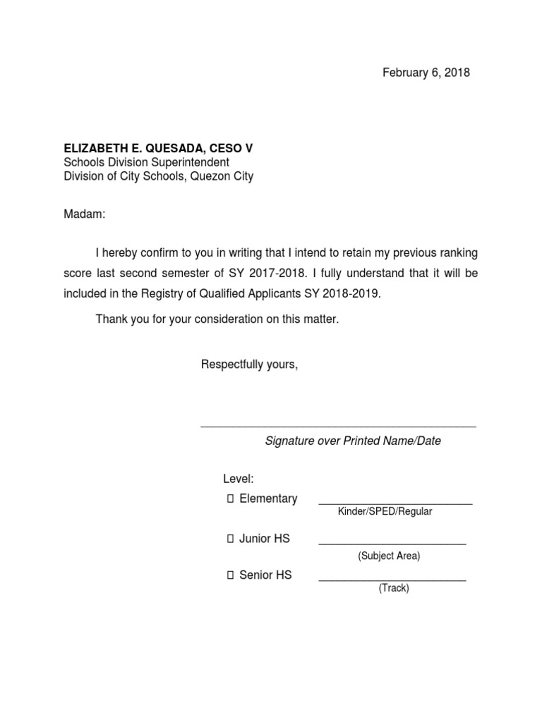 sample application letter for deped ranking