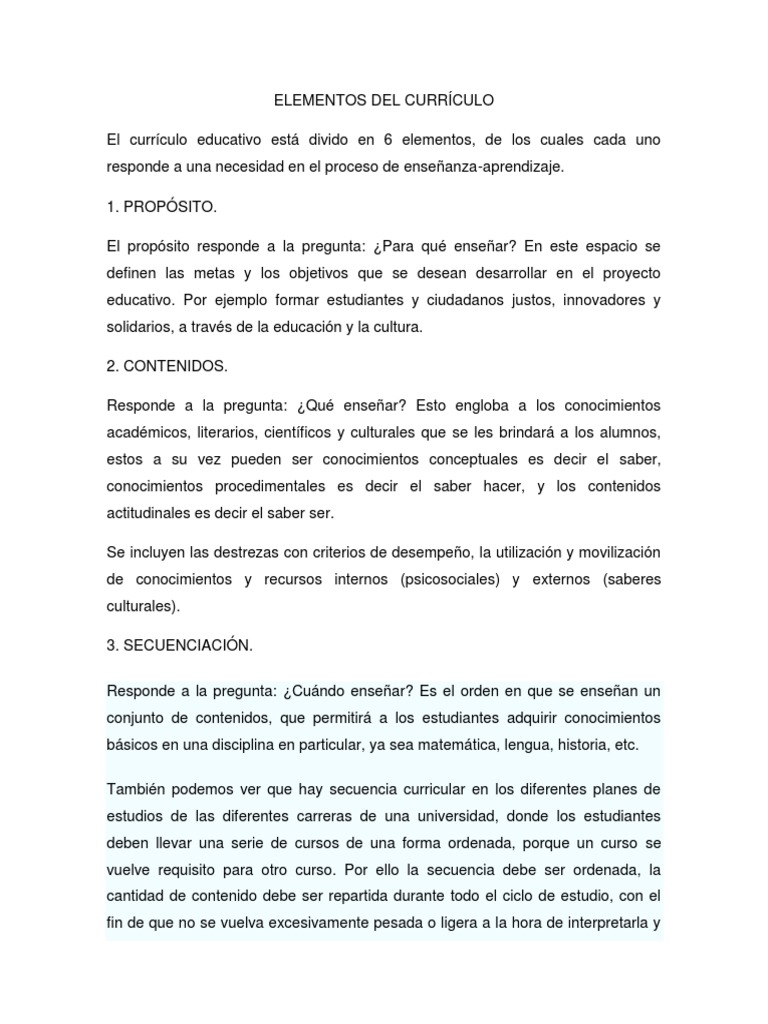 Elementos Clave del Currículo Educativo | PDF | Plan de estudios ...