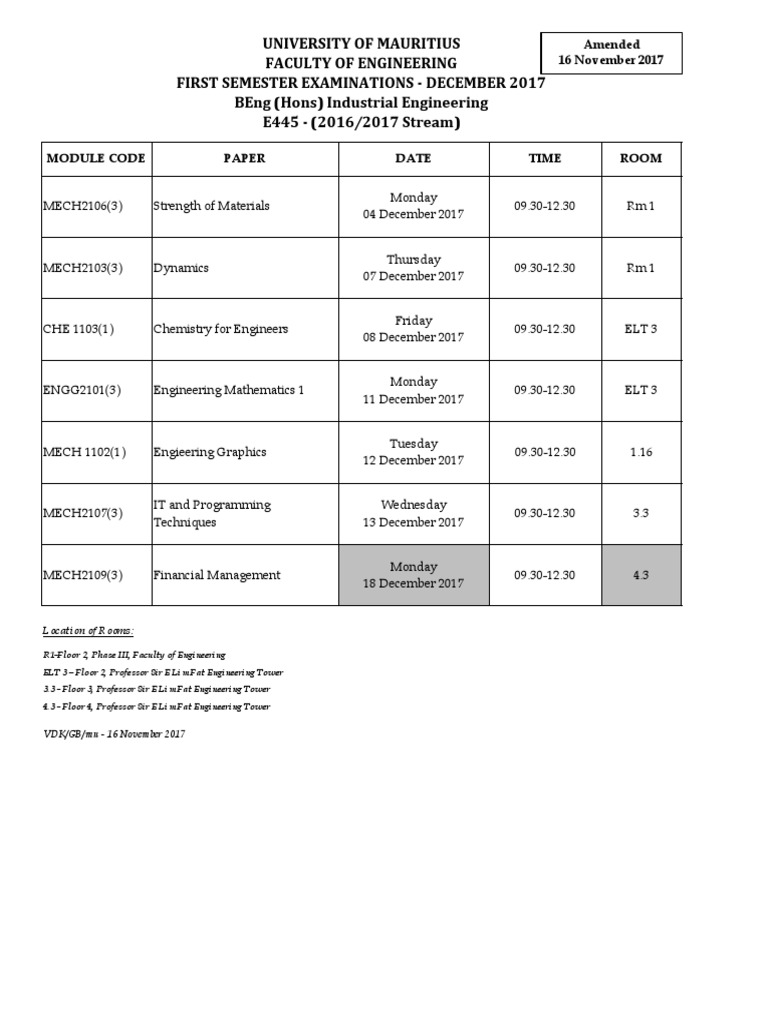 December 2017 Engineering Exam Schedule | PDF | Academia | Science And ...