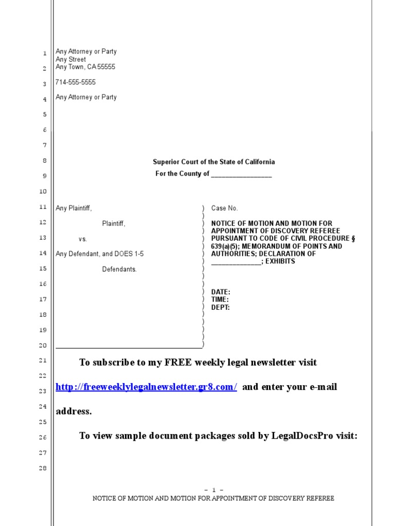 Sample Motion To Appoint A Discovery Referee in California PDF